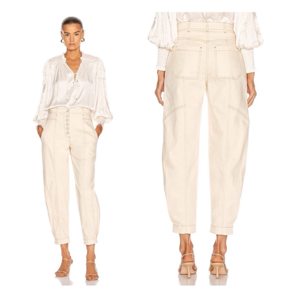 Ulla Johnson Brodie High Rise Cargo Jeans Cream Beige Barrel Leg Utility Size 0